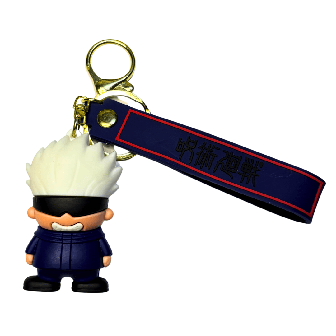 Gojo Satoru Keychain – Jujutsu Kaisen Rubber Chibi Figure with Japanese Logo Strap