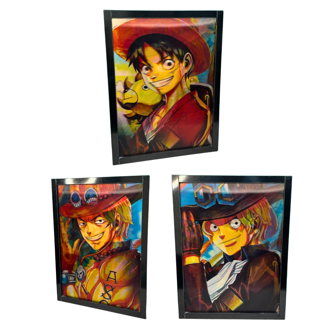 Premium 3D Wooden Anime Poster Frame – One Piece Luffy, Ace & Sabo Wall Art for Anime Fans (Single Piece)